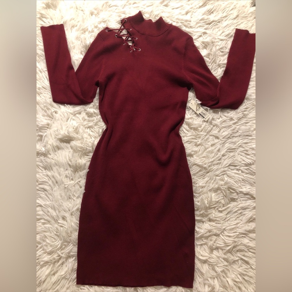 NO BOUNDARIES Burgundy Ribbed Sweater Dress Mocked Neck Long sleeve Jrs XXXL 21